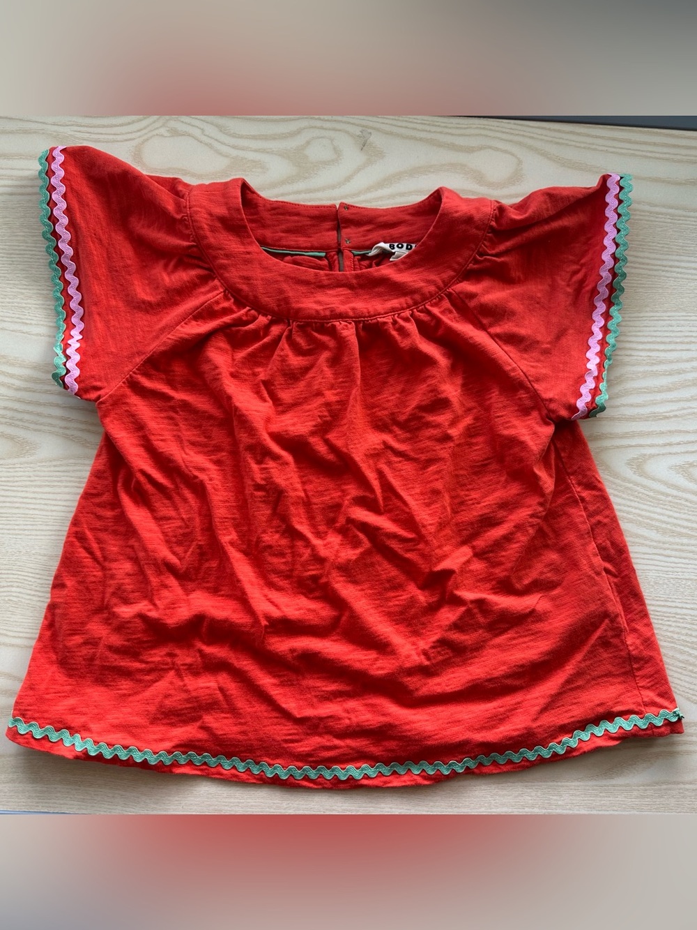 Mini Boden Red Short-Sleeve Top with Colorful Rickrack Trim